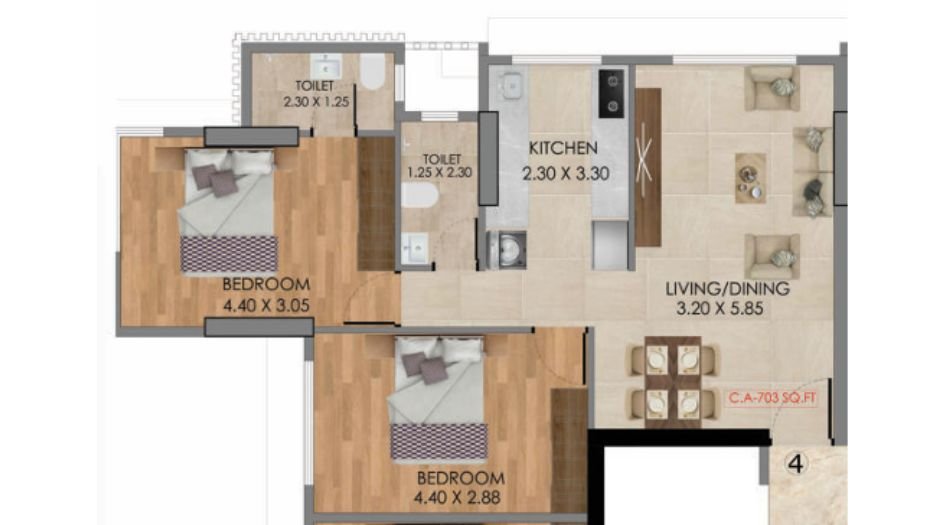 Triveni-Kush-Aura-2 BHK-703 Sqft